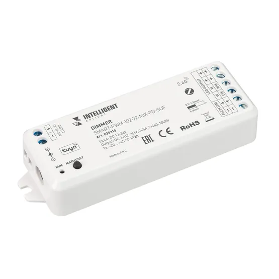 Фото товара INTELLIGENT ARLIGHT Диммер SMART-PWM-102-72-MIX-PD-SUF (12-36V, 2x5A, ZB, 2.4G) (IARL, Пластик)